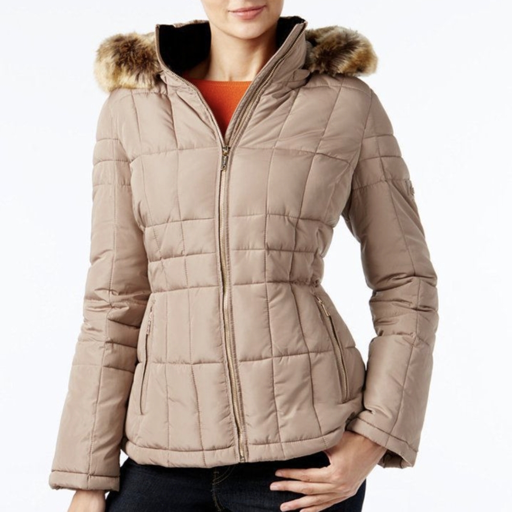 Calvin Klein Puffer Jacket Beige Taupe Fitted Faux‎ Fur Hoodie Size S